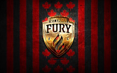Ottawa Fury flag, USL, red black metal background, canadian soccer club, Ottawa Fury logo, Canada, soccer, Ottawa Fury FC, golden logo