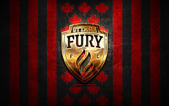 Bandiera di Ottawa Fury, USL, sfondo rosso nero in metallo, club di calcio canadese, logo Ottawa Fury, Canada, calcio, Ottawa Fury FC, logo dorato