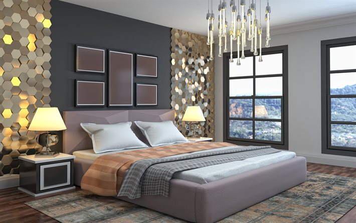 yatak odası projesi, modern i&#231; tasarım, şık i&#231; tasarım, yatak odası, duvardaki altın 3d unsurlar, yatak odasında siyah duvar