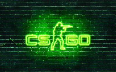 CS Go green logo, 4k, green brickwall, Counter-Strike, CS Go logo, 2020 games, CS Go neon logo, CS Go, Counter-Strike Global Offensive