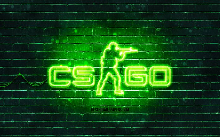 CS Go yeşil logosu, 4k, yeşil tuğla duvar, Counter-Strike, CS Go logosu, 2020 oyunları, CS Go neon logosu, CS Go, Counter-Strike Global Offensive