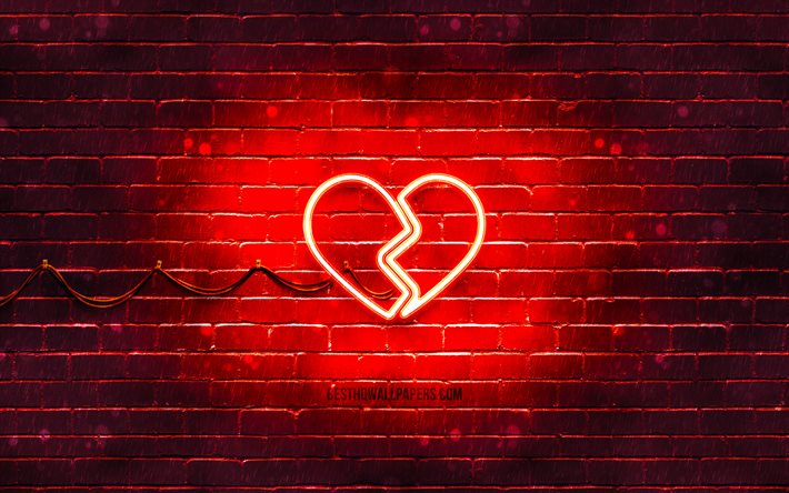 Icona al neon di cuore spezzato, 4k, sfondo rosso, simboli al neon, cuore spezzato, icone al neon, segno di cuore spezzato, segni di amore, icona di cuore spezzato, icone di amore, concetti di amore