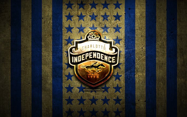 علم الاستقلال شارلوت, USL, خلفية معدنية بنية زرقاء, نادي كرة القدم الأمريكي, شعار شارلوت إنديبندنس, الولايات المتحدة الأمريكية, كرة قدم, شارلوت إندبندنس إف سي, الشعار الذهبي