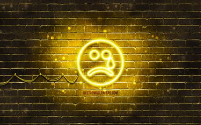 Cry neon icon, 4k, yellow background, smiley icons, Cry Emotion, neon symbols, Cry, neon icons, Cry sign, duygu işaretleri, Cry icon, duygu simgeleri