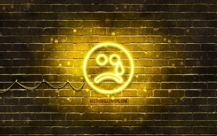 Cry neon icon, 4k, yellow background, smiley icons, Cry Emotion, neon symbols, Cry, neon icons, Cry sign, emotion signs, Cry icon, emotion icons
