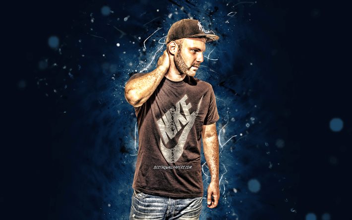 Baba Saad, 4k, blue neon lights, german rapper, music stars, Saad El-Haddad, german celebrity, Baba Saad 4K