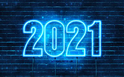 Happy New Year 2021, blue brickwall, 4k, 2021 blue neon digits, 2021 concepts, wires, 2021 new year, 2021 on blue background, 2021 year digits, New Year 2021