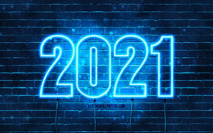 Happy New Year 2021, blue brickwall, 4k, 2021 blue neon digit, 2021 concept, wires, 2021 new year, 2021 on blue background, 2021 year digit, New Year 2021