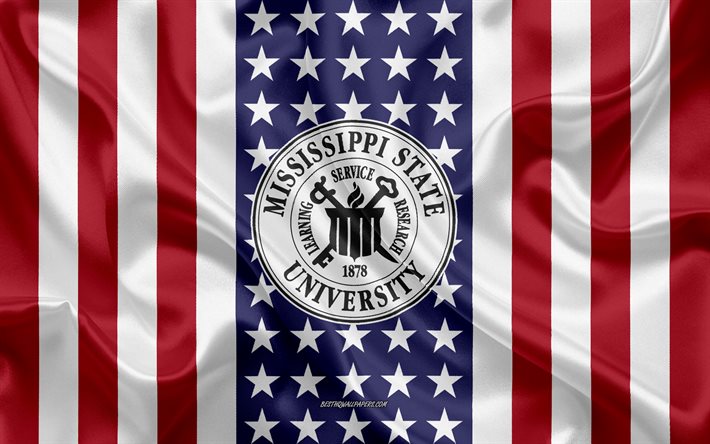 emblem der mississippi state university, amerikanische flagge, logo der mississippi state university, starkville, mississippi, usa, mississippi state university
