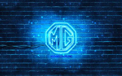 MG blue logo, 4k, blue brickwall, MG logo, cars brands, MG neon logo, MG