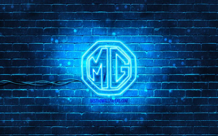 Logotipo azul MG, 4k, parede de tijolos azul, logotipo MG, marcas de carros, logotipo MG neon, MG
