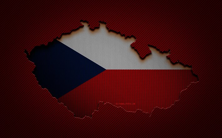 Mapa da Rep&#250;blica Tcheca, 4k, pa&#237;ses europeus, bandeira Tcheca, fundo de carbono vermelho, silhueta do mapa da Rep&#250;blica Tcheca, Bandeira da Rep&#250;blica Tcheca, Europa, Mapa Tcheco, Rep&#250;blica Tcheca, bandeira da Rep&#250;blica Tchec