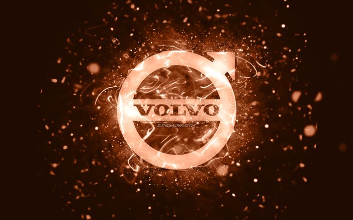 Volvo kahverengi logosu, 4k, kahverengi neon ışıkları, yaratıcı, kahverengi soyut arka plan, Volvo logosu, otomobil markaları, Volvo