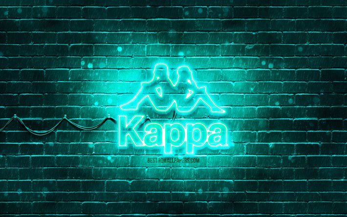 Kappa turkuaz logo, 4k, turkuaz brickwall, Kappa logo, markalar, Kappa neon logo, Kappa