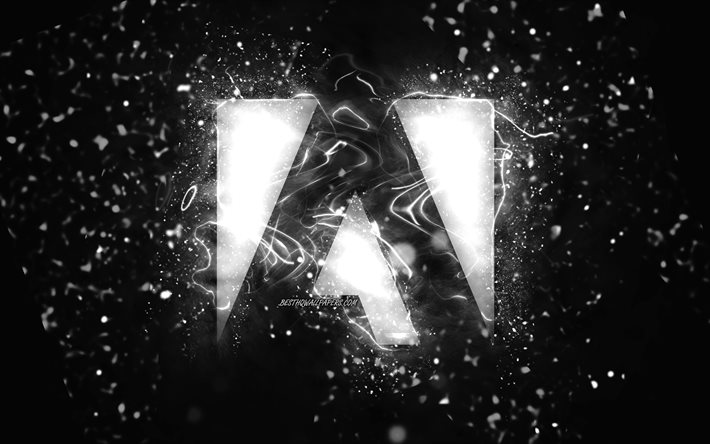 Logo Adobe bianco, 4k, luci al neon bianche, creativo, sfondo astratto nero, logo Adobe, marchi, Adobe