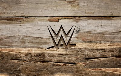 WWE wooden logo, 4K, wooden backgrounds, World Wrestling Entertainment, WWE logo, creative, wood carving, WWE
