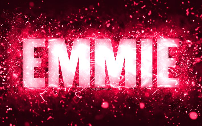 Happy Birthday Emmie, 4k, pink neon lights, Emmie name, creative, Emmie Happy Birthday, Emmie Birthday, popular american female names, picture with Emmie name, Emmie
