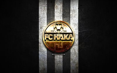 FC Haka, golden logo, Veikkausliiga, black metal background, football, finnish football club, FC Haka logo, soccer, Haka FC