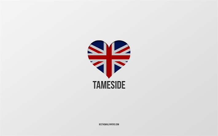 I Love Tameside, British cities, Day of Tameside, gray background, United Kingdom, Tameside, British flag heart, favorite cities, Love Tameside