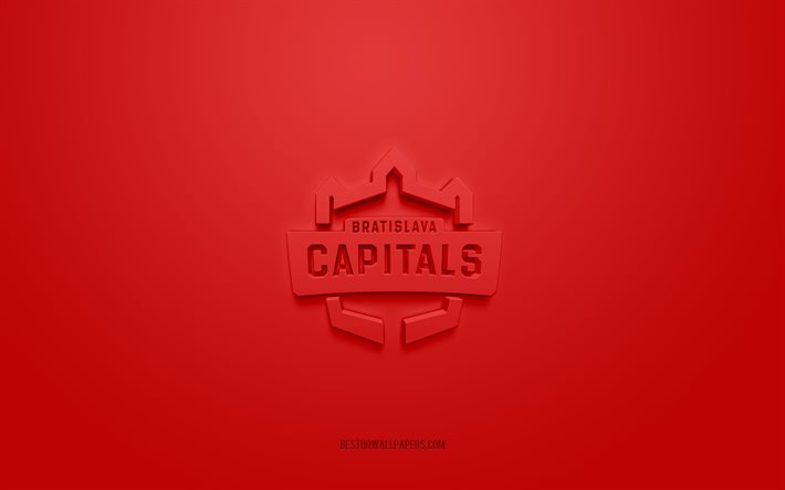 Bratislava Capitals, creative 3D logo, red background, ICE Hockey League, 3d emblem, Slovak Hockey Club, Bratislava, Slovakia, 3d art, hockey, Bratislava Capitals 3d logo