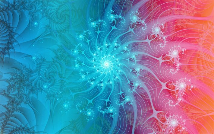 fundo espiral vermelho azul, abstra&#231;&#227;o espiral de fractais, fundo de fractais vermelho azul, fundo de fractais criativos