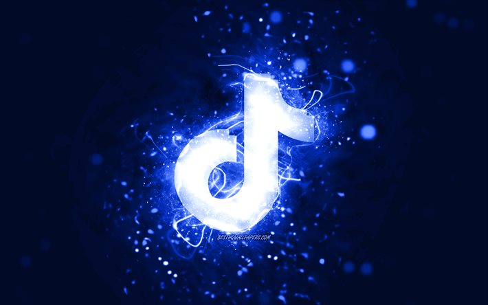 TikTok koyu mavi logo, 4k, koyu mavi neon ışıklar, yaratıcı, koyu mavi soyut arka plan, TikTok logosu, sosyal ağ, TikTok