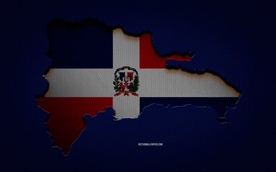 Dominican Republic map, 4k, North American countries, Dominican Republic flag, blue carbon background, Dominican Republic map silhouette, North America, Dominican Republic, flag of Dominican Republic