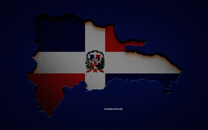 Dominik Cumhuriyeti haritası, 4k, Kuzey Amerika &#252;lkeleri, Dominik Cumhuriyeti bayrağı, mavi karbon arka plan, Dominik Cumhuriyeti harita silueti, Kuzey Amerika, Dominik Cumhuriyeti