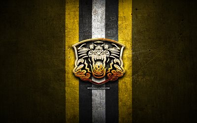 Nottingham Panthers, golden logo, Elite League, yellow metal background, english hockey team, Nottingham Panthers logo, hockey