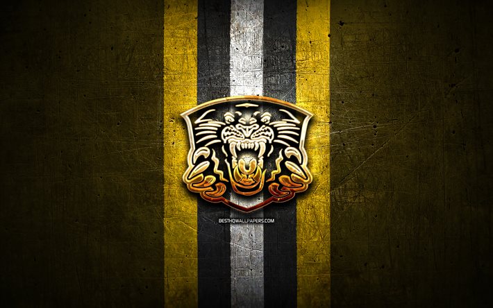 Nottingham Panthers, logo dorato, Elite League, sfondo giallo in metallo, squadra di hockey inglese, logo Nottingham Panthers, hockey