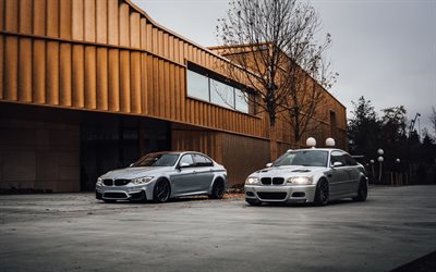BMW M3 F80, silver sports coupe, BMW M3 E46, M3 evolution, E46 tuning, F80 tuning, German cars, BMW