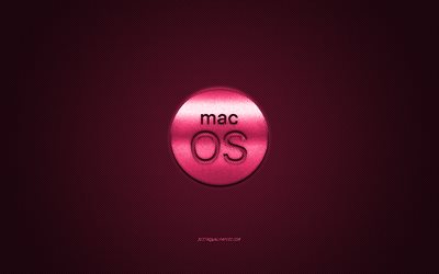 MacOS logo, pink shiny logo, MacOS metal emblem, pink carbon fiber texture, MacOS, brands, creative art