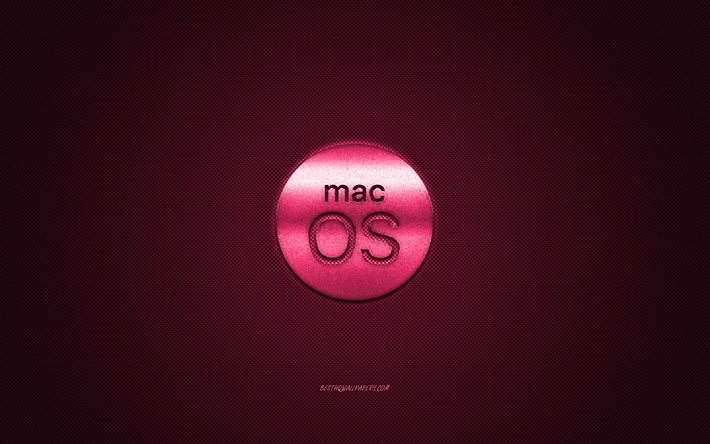 MacOS-logotyp, rosa gl&#228;nsande logotyp, MacOS-metallemblem, rosa kolfiberstruktur, MacOS, varum&#228;rken, kreativ konst