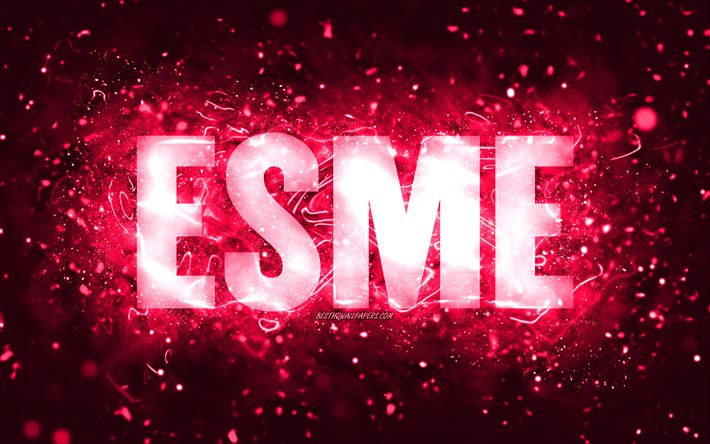 誕生日おめでとう, 4k, ピンクのネオンライト, エスメ名, creative クリエイティブ, エスメの誕生日, 人気のアメリカ人女性の名前, Esmeの名前の写真, エスメ
