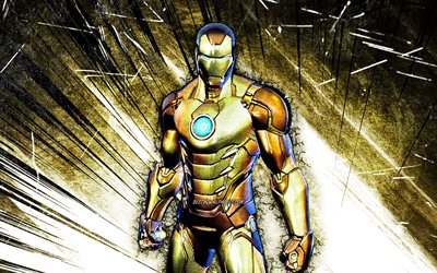 4k, Gold Foil Iron Man, arte grunge, Fortnite Battle Royale, personajes de Fortnite, Gold Foil Iron Man Skin, rayos abstractos marrones, Fortnite, Gold Foil Iron Man Fortnite