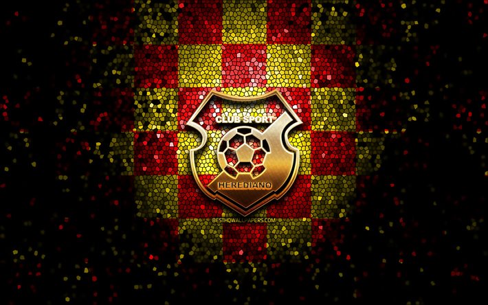 Herediano FC, logo glitter, Liga FPD, sfondo a scacchi gialli rossi, calcio, squadra di calcio costaricana, logo CS Herediano, arte del mosaico, CS Herediano