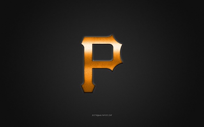 Pittsburgh Pirates emblem, American baseball club, gold logo, gray carbon fiber background, MLB, Pittsburgh Pirates Insignia, baseball, Pittsburgh, USA, Pittsburgh Pirates