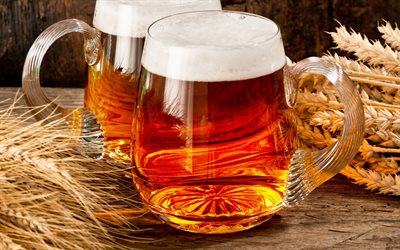 beer, large glasses of beer, ears of wheat, beer concepts, glasses of beer, dark beer