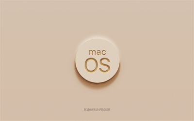 Logotipo macOS, fundo de gesso marrom, logotipo MacOS 3d, criptomoeda, emblema MacOS, arte 3d, MacOS
