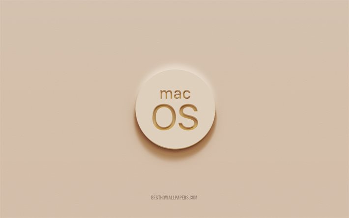 Logotipo macOS, fundo de gesso marrom, logotipo MacOS 3d, criptomoeda, emblema MacOS, arte 3d, MacOS