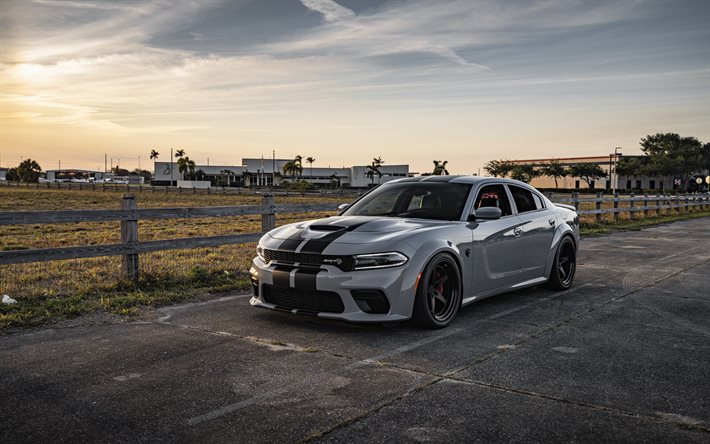 Dodge Charger HellCat, 2021, front view, exterior, evening, sunset, gray sedan, Charger HellCat tuning, American cars, Dodge
