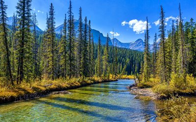 Parque Nacional Jasper, 4k, HDR, verano, bosque, río, montañas, monumentos canadienses, Canadá, Alberta, Montañas Rocosas canadienses