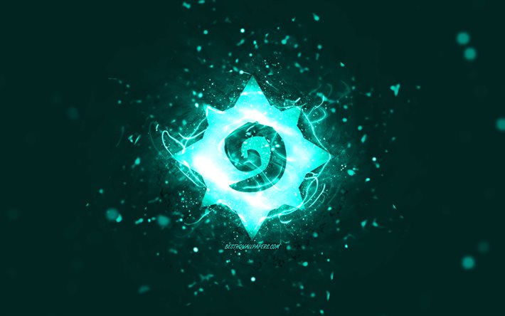 Hearthstone turquoise logo, 4k, turquoise neon lights, creative, turquoise abstract background, Hearthstone logo, online games, Hearthstone