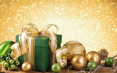 merry christmas, Christmas decorations, Christmas gift, gold balls