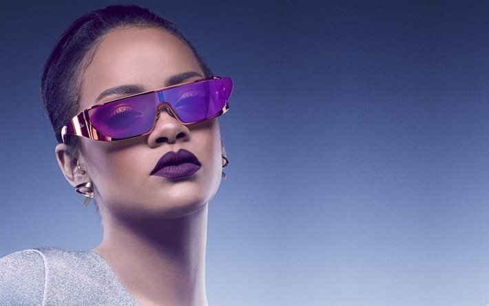Rihanna, American singer, pop singer, portrait, beautiful woman, makeup, purple glasses, dior, Robyn Rihanna Fenty