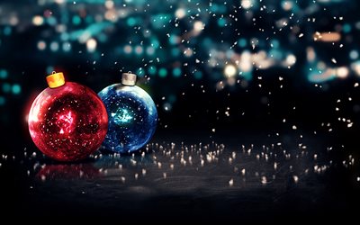 xmas balls, 4k, Happy New Year, christmas decorations, glare, Merry Christmas, xmas
