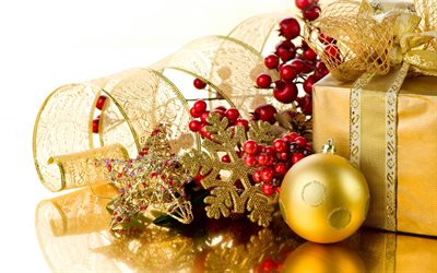 A&#241;o nuevo, decoraci&#243;n de oro, Navidad, copo de nieve de oro, cintas de seda