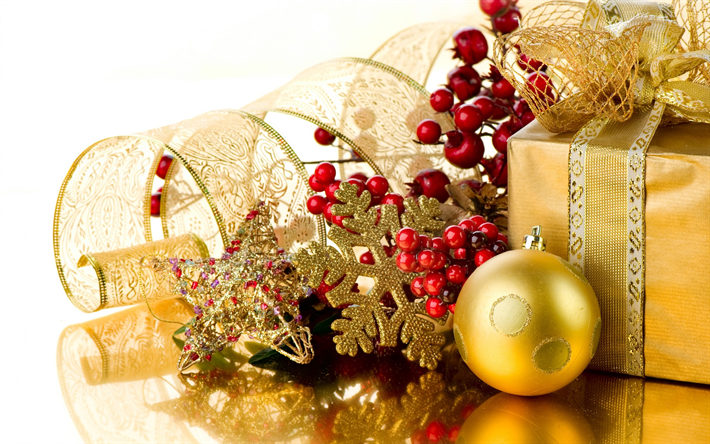 新年, 金色の装飾, クリスマス, 金雪, シルクリボン