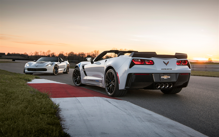 2018, Chevrolet Corvette, Carbon 65 Edition, rear view, white cabriolet, supercar, evening, racing track, sunset, Chevrolet