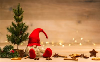gnome, 4k, xmax tree, Happy New Year, Merry Christmas, purple decorations, xmas tree, christmas, New Year, christmas decorations